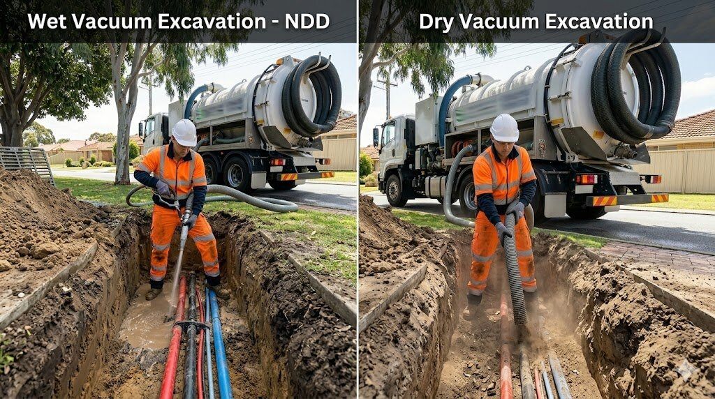 13:37 Wet vs Dry Vacuum Excavation comparison showing workers exposing underground utility cables in trenches using NDD hydro and dry vacuum trucks.
