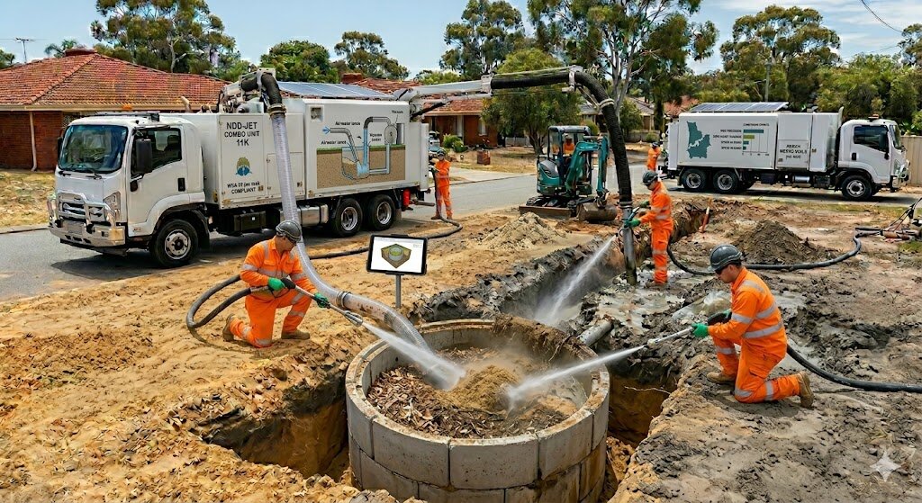 Soakwell Cleaning Cost in Perth: 2026 Homeowner's Guide Professional soakwell cleaning in Perth, technicians using high-pressure jetting and vacuum trucks to clear a blocked residential soakwell.