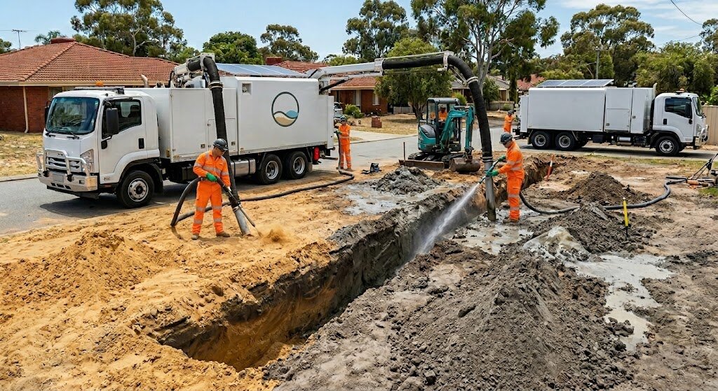 Wet and dry vacuum excavation in progress on a Perth site, NDD crews using water jet and air to expose underground utilities beside vacuum trucks.