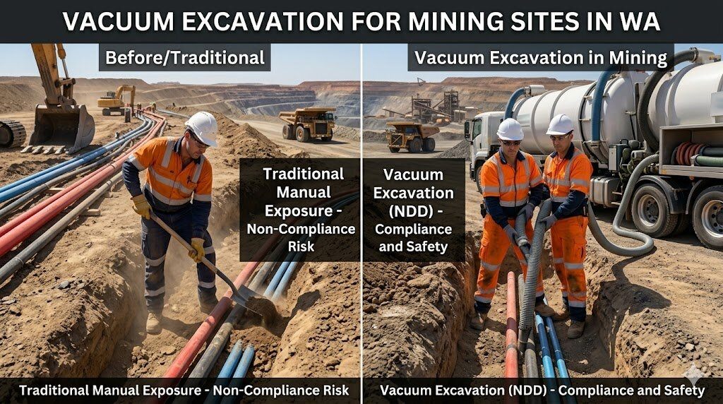 Vacuum Excavation for Mining Sites in WA Vacuum excavation for mining sites in WA, comparing traditional manual utility exposure with safer NDD vacuum excavation.