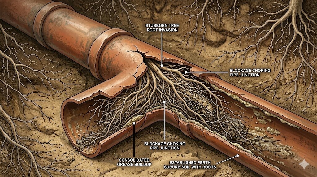 Signs Your Pipes Need Professional Jetting in Perth Cutaway of a cracked clay pipe junction in established Perth suburb soil showing stubborn tree root invasion and consolidated grease buildup choking the drain and causing a blockage
