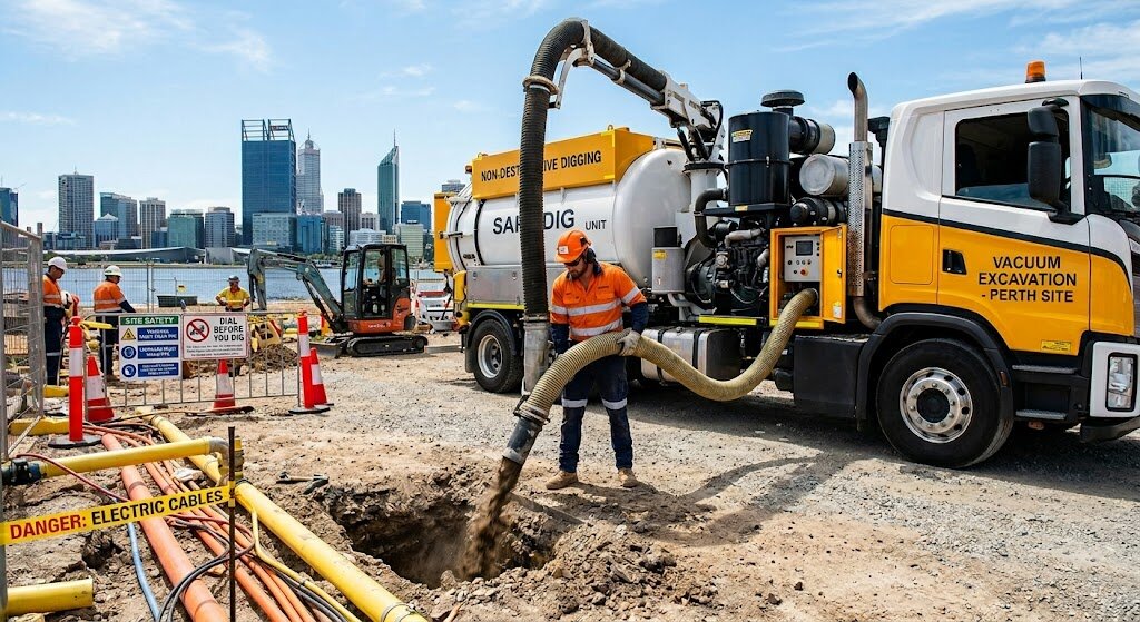 Vacuum Trucks: What They Are, Types and How They Work Hydro excavation truck loosening soil and vacuuming spoil to safely expose underground utilities in Perth.