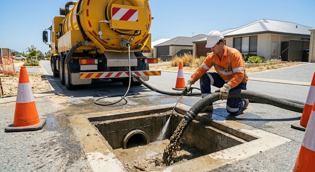 Vacuum Trucks: What They Are, Types and How They Work Combination jet-vac truck clearing a blocked stormwater drain across Perth and Western Australia.