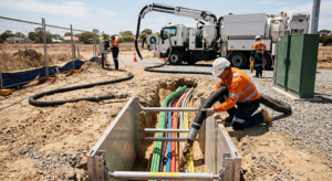 Vacuum Excavation for NBN and Telecom Projects in WA Worker using vacuum excavation to expose coloured telecom conduit and fibre in a shored trench on a WA network site.