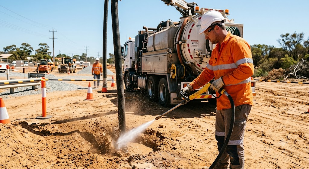 Technician in orange hi-vis and a white hard hat uses a high-pressure water lance to break up ground while a vacuum hose lifts the slurry, beside a large vac truck. Safety cones mark the roadside worksite during a non-destructive hydro vacuum excavation or potholing job.