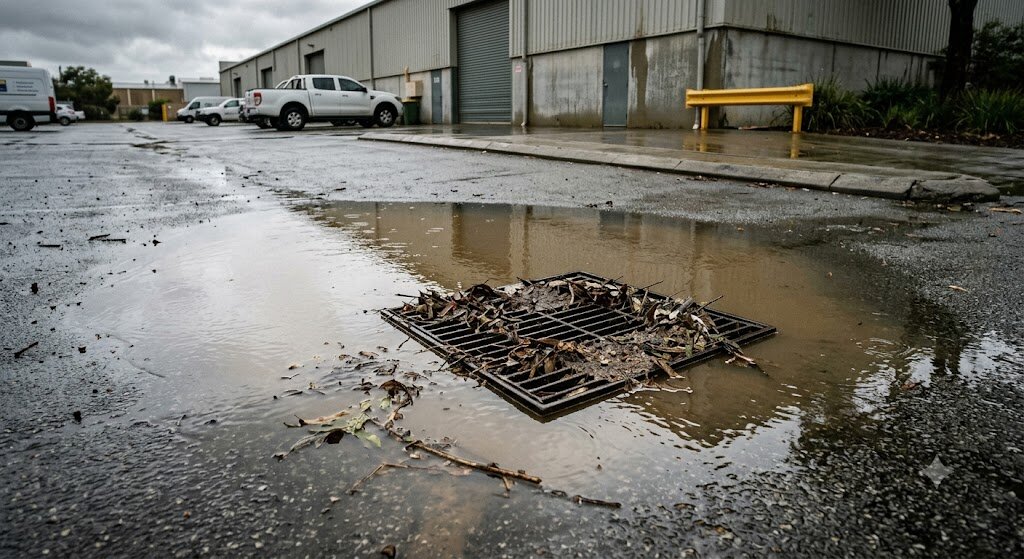 Blocked stormwater drain in Perth car park with leaf litter and pooling water