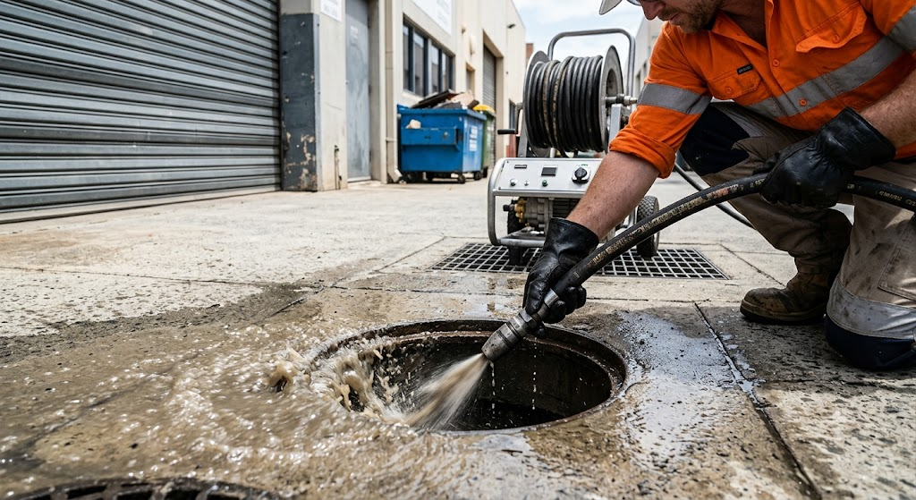 Close-up of a technician in orange hi-vis feeding a high-pressure jetting hose into an open manhole as water blasts through to clear the drain, with a jetting unit and hose reel beside him. The low-angle laneway shot shows professional drain unblocking in progress.