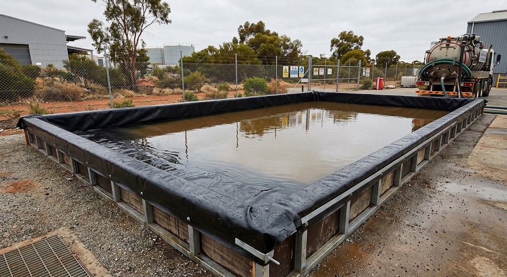 Large black-lined containment bund holding PFAS-contaminated water on a WA industrial site, with an iVac WA vacuum truck positioned nearby ready for safe collection and transport.