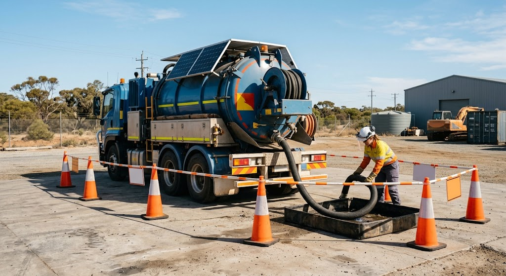 iVac WA operator in yellow hi-vis vacuum-extracting PFAS-contaminated liquid from a bund inside a coned-off work zone, drawing the waste cleanly into a sealed tanker for licensed disposal.