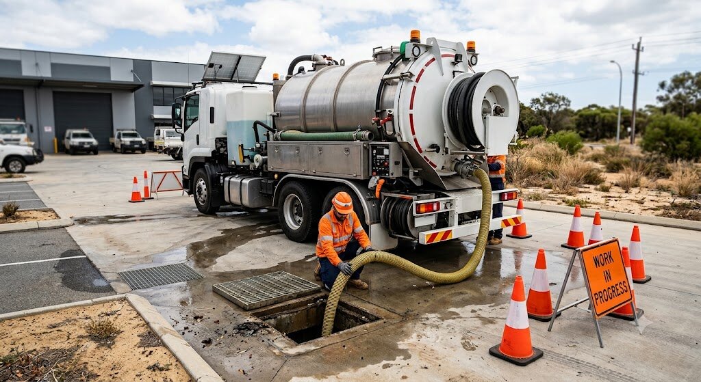 iVac WA vacuum truck cleaning a blocked stormwater drain in Perth