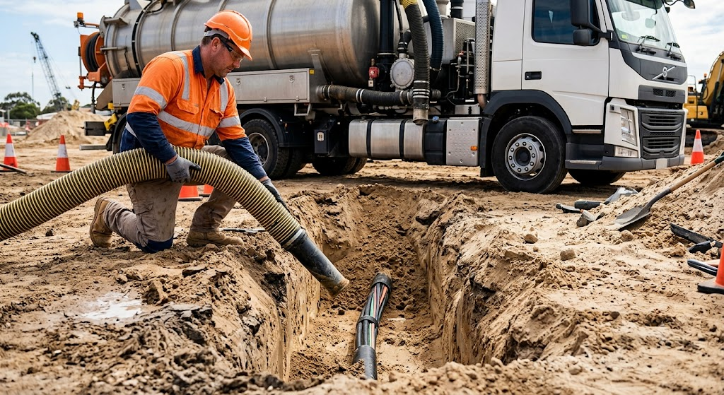 Technician in orange hi-vis and a hard hat directs a heavy vacuum hose into a sandy trench to expose buried pipes and cables, with a silver vac truck behind him. Safety cones frame the site during a non-destructive vacuum excavation job on a construction site.