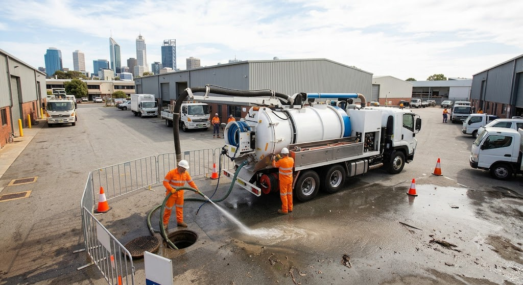 Two technicians in orange hi-vis clean an open drainage pit beside a large white vacuum truck in a Perth industrial estate, with the city skyline in the background. Safety barriers and cones mark the worksite during a commercial vac truck drain cleaning job.