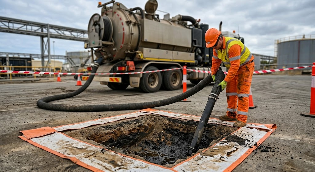 Worker using a vacuum excavation hose to collect contaminated soil and sludge from a lined excavation, with safety barriers set up around the industrial work area.