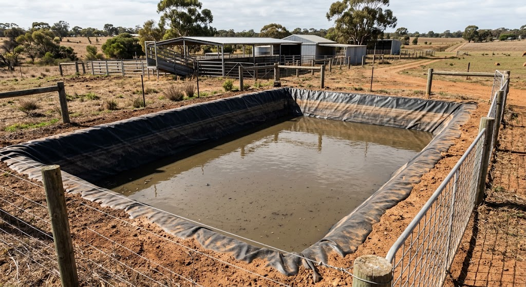 A worker operates a vacuum tanker hose beside a farm holding pen in Perth, drawing liquid animal waste into the sealed tank for compliant disposal.