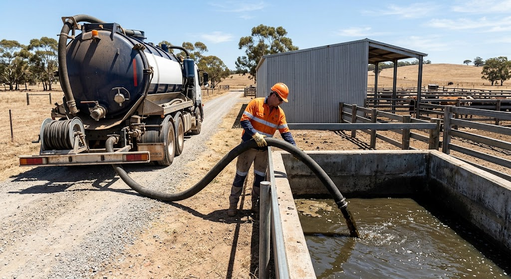 A lined holding pond used to contain liquid animal waste and wash down water on a rural Western Australian property, set within fenced yards and farm sheds.