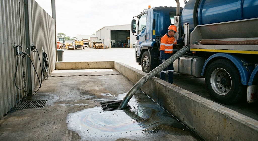 Vacuum truck hose drawing hydrocarbon-laden wash water from a vehicle wash bay drain, preventing oily waste from entering the stormwater or sewer system.