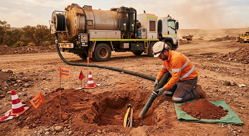 Mining Vacuum Trucks: Waste Removal for WA Sites Worker using a vacuum truck hose for non-destructive digging to expose buried services on a remote mine site.