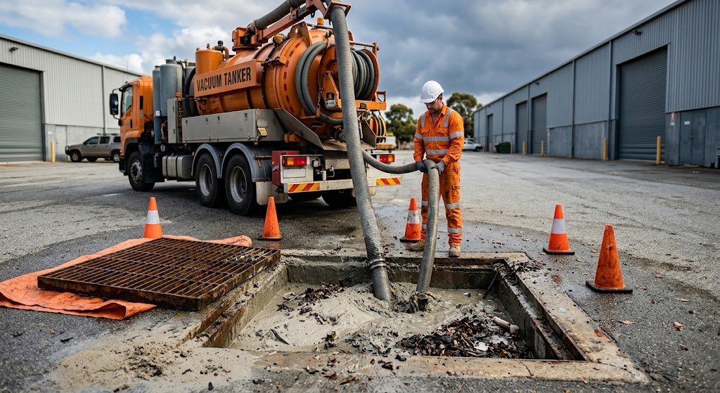 Orange vacuum tanker with its hose in a stormwater pit, removing silt and debris at an industrial site in Perth, with the grate lifted aside and cones in place.