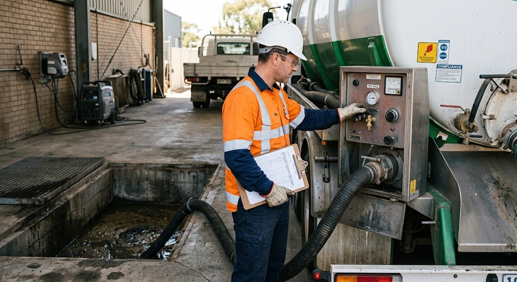 Vacuum truck operator in a hard hat and hi-vis checking the control panel while the hose draws sludge from a wash bay pit.
