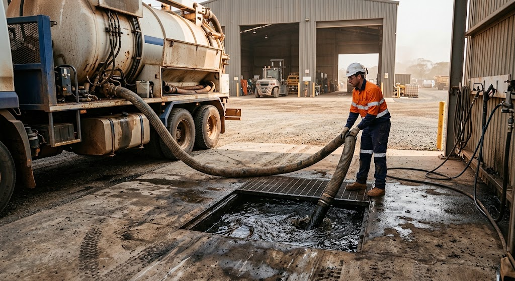 Mining Vacuum Trucks: Waste Removal for WA Sites Operator guiding a vacuum truck hose into a workshop wash bay drain to remove contaminated sludge and water.